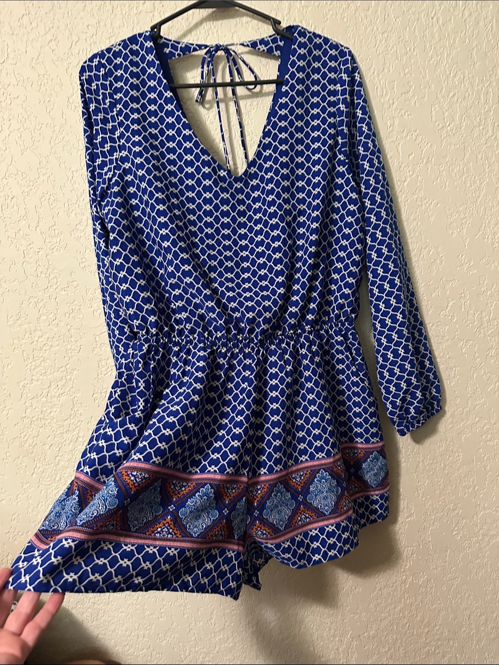 Blue Geometric Print Long Sleeve Romper L